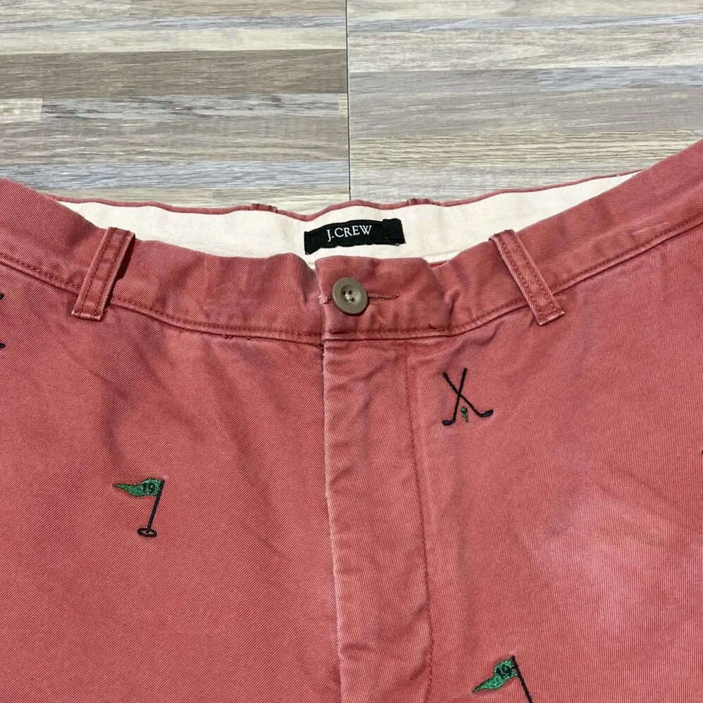 J Crew Mens Chino Pants 34x30 Pink Straight Fit Golf Club / Flag Embroidery